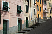 Gebäude mit grünen Türen und Fensterläden säumen die Straße; Riomaggiore, Ligurien, Italien