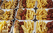 Fried Food Such As Wieners And Fries For Sale At A Stand; Puerto Vallarta, Jalisco, Mexico
