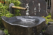 Grauer Steinwasserbrunnen in einem japanischen Tempel; Kyoto, Japan