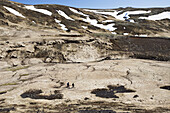 Eine Wanderung durch das Reykjadalur-Tal durch thermische Dampfschlote und kochend heiße Pools, die zum Baden geeignet sind; Reykjadalur, Island