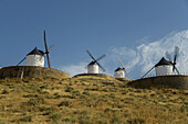 Windmühlen in einer Reihe gegen einen blauen Himmel; Consuegra, Spanien