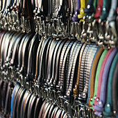 Leather Belts On Display For Sale In A Shop; Florence, Italy