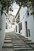 Stufen auf einer abschüssigen Straße in der schönen Stadt Altea an der Costa Blanca, wo die Häuser mit den typischen mediterranen Farben, weißen Wänden und blauen Türen und Fenstern gestrichen sind; Altea, Alicante, Spanien