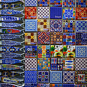 Colourful souvenir magnets on display; Lisbon, Lisboa Region, Portugal
