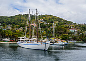 Two masted yacht moored in the harbour of Port Elizabeth; Port Elizabeth, Bequia, Saint Vincent and the Grenadines