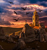 Crows flying towards a church tower with a wooden human mannequin laying on the ground in the foreground
