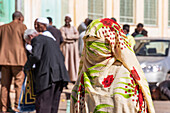 Eritrean woman in a burqa at the Great Mosque of Asmara, also known as Al Kulafah Al Rashidan; Asmara, Central Region, Eritrea