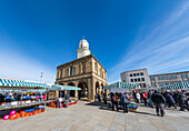 Open air market in a town square; South Shields, Tyne and Wear, England