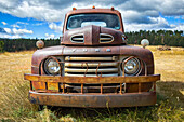 Alter verrosteter Pickup-Truck auf einem Feld; Colorado, Vereinigte Staaten von Amerika
