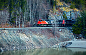 Ein Zug der Canadian National Railway fährt an einem See entlang; Terrace, British Columbia, Kanada