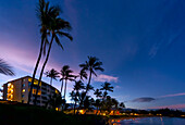 Hotels and palm trees along the coastline at sunset, Kamaole One and Two beaches, Kamaole Beach Park; Kihei, Maui, Hawaii, United States of America