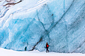 Ein Winterwanderer geht neben dem Eis des Black Rapids Glacier; Alaska, Vereinigte Staaten von Amerika