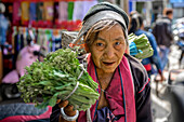 Senior woman selling vegetables at the market; Lashio, Shan State, Myanmar