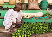 Ein sudanesischer Mann verkauft Gemüse auf dem Markt von Omdurman; Omdurman, Khartoum, Sudan