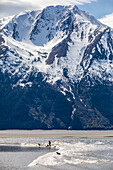 Paddleboarders and surfers ride the boretide that comes down Turnagain Arm twice daily. Heights of the waves vary greatly. South of Anchorage and next to the Seward Highway; Alaska, United States of America