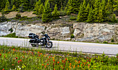 Motorcycle parked on the roadside, Icefield Parkway; Improvement District No. 12, Alberta, Canada