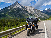 Motorcycle parked on the roadside, Icefield Parkway; Improvement District No. 12, Alberta, Canada