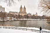 Snowfall by the lake in Central Park; New York City, New York, United States of America