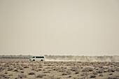 Ein Fahrzeug fährt auf einer staubigen Straße, Etosha-Nationalpark; Namibia