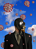 A businessman stands wearing a gas mask with the Covid-19 virus swirling in the air around him; Computer Generated