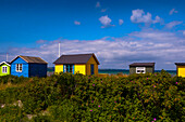 Field and Beach Huts, Aeroskobing, Aero Island, Jutland Peninsula, Region Syddanmark, Denmark, Europe