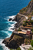 Überblick über die Küste, Riomaggiore, Cinque Terre, Bezirk La Spezia, Italienische Riviera, Ligurien, Italien