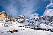 Mountain hut, Passo Gardena and Sella Group, Val Gardena, Bolzano District, Trentino Alto Adige, Dolomites, Italy