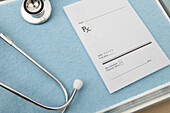 Stethoscope and Prescription Pad on Medical Tray, Birmingham, Alabama, USA