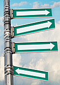 Arrow signs on a pole, showing different directions against sky