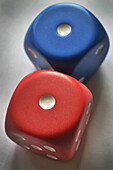 Close-up of Red and Blue Dice, Studio Shot