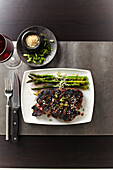 Overhead View of Steak and Asparagus, Studio Shot