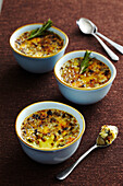 Savory brulee in small bowls with spoons, studio shot