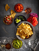 Verschiedene Salsas, Gewürze und Tortilla-Chips, Mexikanische Fiesta, Studioaufnahme