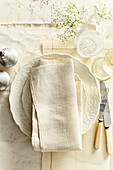 Overhead View of White Rustic Place Setting, Studio Shot