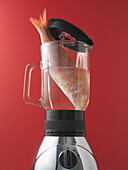 Close-up of fish in a blender, on red background, studio shot
