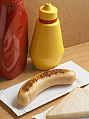 Fried sausage on paper plate with condiment bottles, studio shot