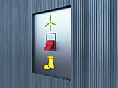 3D-Illustration des Schalters, eingestellt auf das Kernenergiesymbol