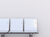 Illustration einer Nahaufnahme von drei weißen Sitzen in einer Reihe auf weißem Hintergrund