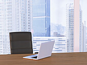 Digitale Illustration eines Schreibtisches mit Sessel und Laptop vor einer Silhouette