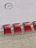 Digital Illustration of Overhead View of Four Red Chairs in a Row in front of Concrete Wall