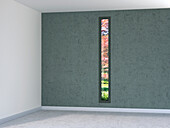 Digitale Illustration eines leeren Raums mit einem hohen, schmalen Fenster mit Blick in den Garten