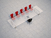 Illustration eines gläsernen Konferenztisches mit Business-Stühlen auf Granitfliesen, Atelieraufnahme