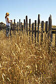 Frau am Zaun stehend, Mendocino Coast, Kalifornien, USA