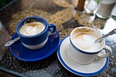 Two Cups Of Coffee On Bar Counter; Antigua, Guatemala