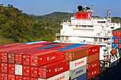 Miraflores Locks, Panama Canal, Panama, Central America; Container Ship In Lock