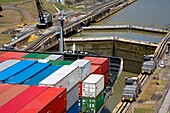 Pedro Miguel Locks, Panama Canal, Panama, Central America; Container Ship In Lock