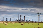 A Refinery With Hay Bales In The Foreground
