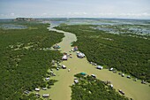 Aerial View Of Floating Village Bordering The Tonle Sap Lake In Chong Kneas, Cambodia