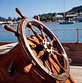 Wheel Of Boat On Board Yacht, Close Up