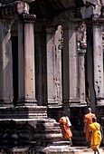 Drei Mönche auf dem Weg nach Angkor Wat